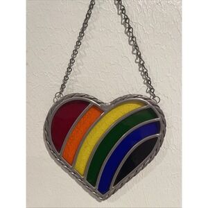 *Vintage Stained Glass Rainbow Heart Sun Catcher With Metal Border & Chain 7 X 6